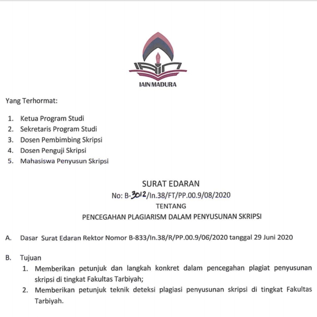 SURAT EDARAN TENTANG PENCEGAHAN PLAGIARISM TAHUN 2020