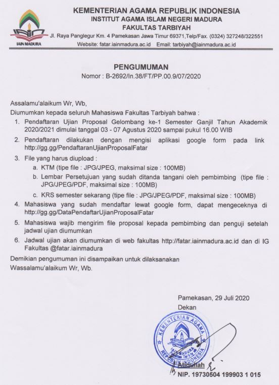 Pendaftaran Ujian Proposal Gel 1 Ganjil 2020/2021